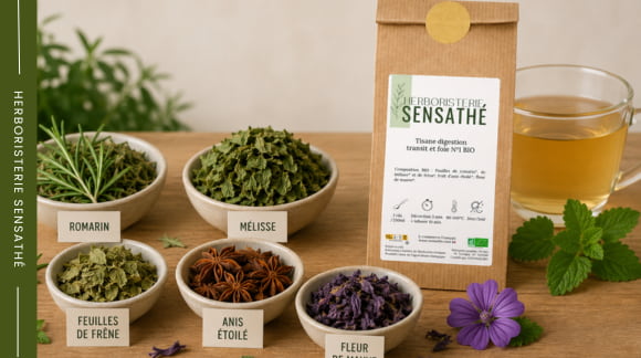Tisane pour la digestion avec romarin, mélisse, frêne, anis étoilé et fleur de mauve - Herboristerie Sensathé Tisane pour la digestion avec romarin, mélisse, frêne, anis étoilé et fleur de mauve - Herboristerie Sensathé